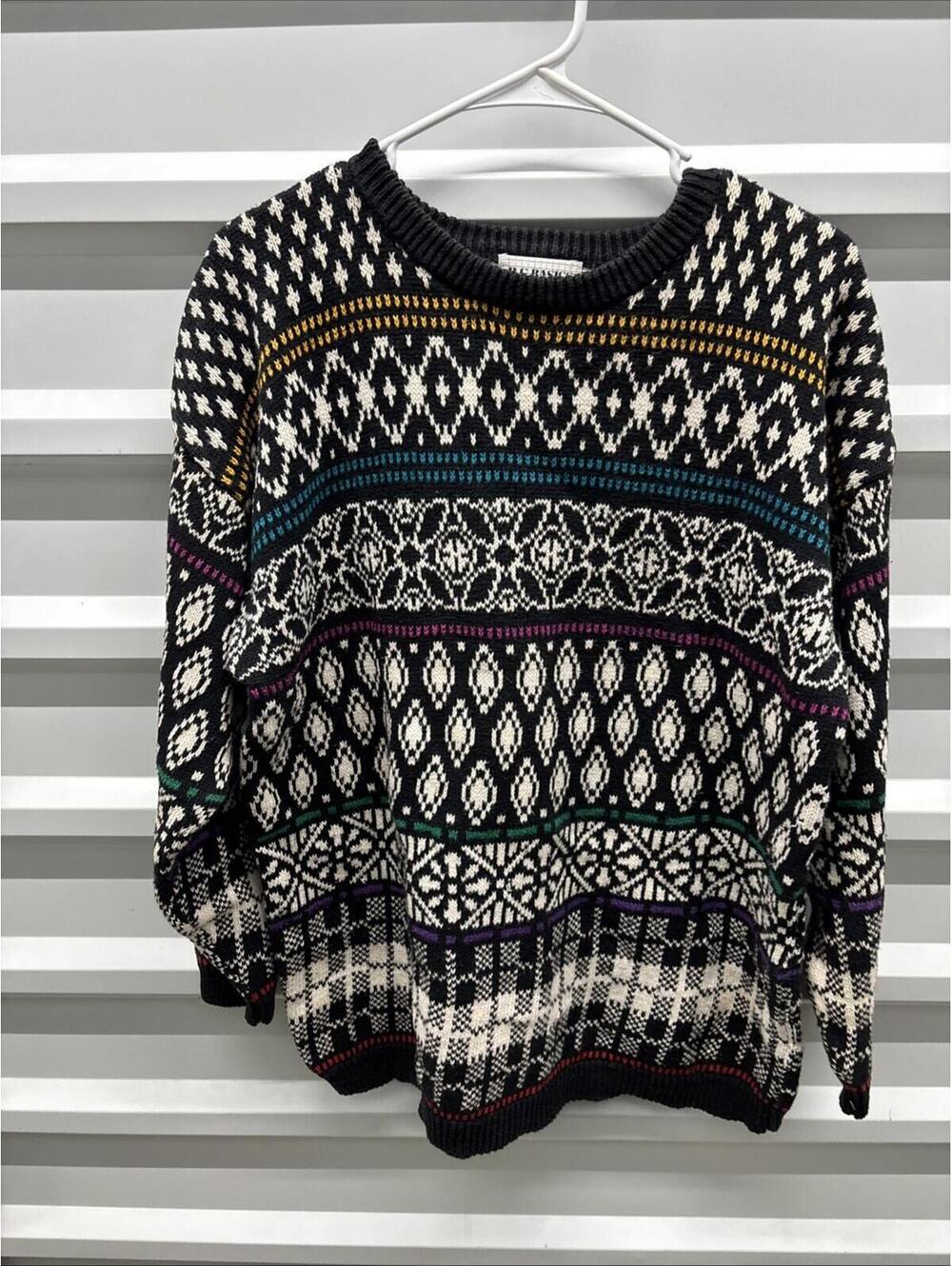 Vintage Men's Black Geometric Fair Isle Knit Sweater Size Medium Retro Grandpa
